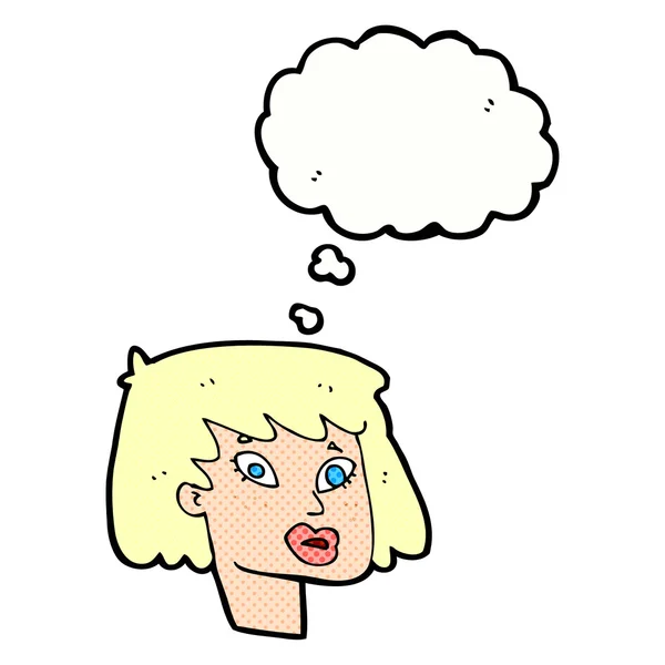 Cartone animato bella faccia femminile con bolla di pensiero — Vettoriale Stock