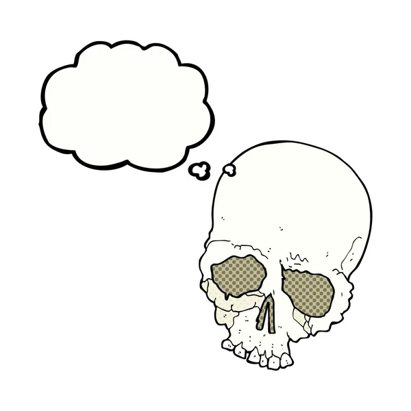 Cartoon gruseliger alter Totenkopf mit Gedankenblase — Stockvektor