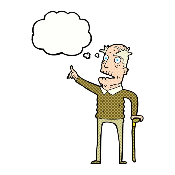 Dessin animé vieil homme avec bâton de marche avec bulle de pensée — Image vectorielle