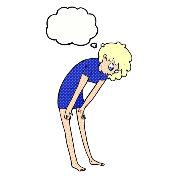 Κινουμένων σχεδίων γυναίκα κοιτάζοντας τα πόδια της με φούσκα σκέψης — Διανυσματικό Αρχείο