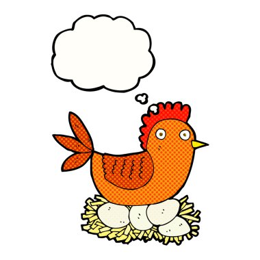 Düşünce baloncuklu yumurtalar üzerinde çizgi film tavuğu