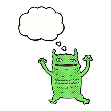 Düşünce baloncuklu küçük canavar.