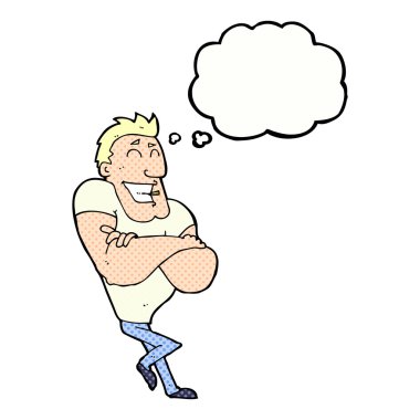 Düşünce baloncuğu olan kaslı adam.