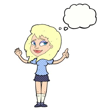 Düşünce baloncuğu olan çizgi film kadını.