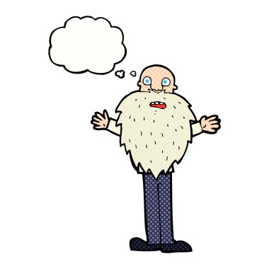 Düşünce baloncuğu olan sakallı yaşlı bir adam.