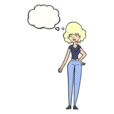 Düşünce baloncuğu olan güzel bir kadın.