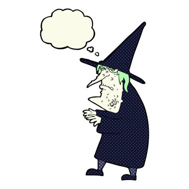 Düşünce baloncuğu olan çirkin yaşlı cadı çizgi filmi