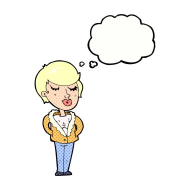 Karikatür. Düşünce baloncuğu olan rahat kadın.