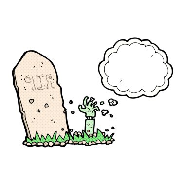 Düşünce baloncuğuyla mezardan yükselen zombi çizgi filmi