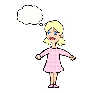 Düşünce baloncuğuyla kollarını açmış çizgi film kadını.