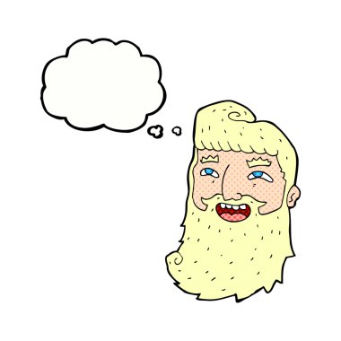 Düşünce baloncuğuyla gülen sakallı adam.