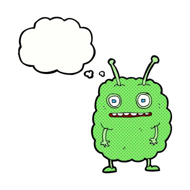 Düşünce baloncuklu komik uzaylı canavar.