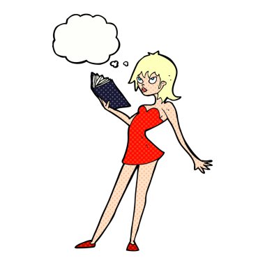 Düşünce baloncuklu çizgi film kadını kitap okuyor.