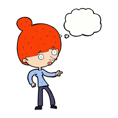 Çizgi film kadını düşünce balonunu işaret ediyor.