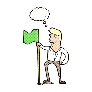 Düşünce baloncuğu ile bayrak diken çizgi film adamı