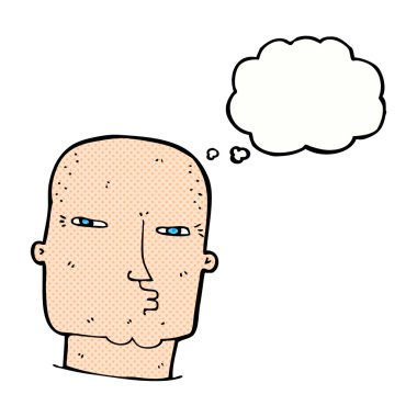 Düşünce baloncuğu olan kel, sert adam.