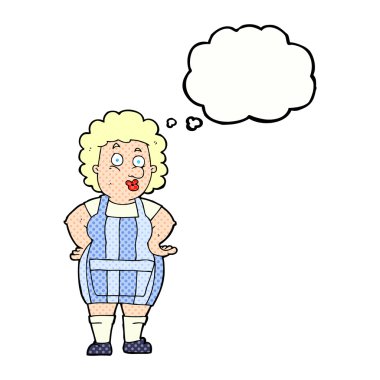 Düşünce baloncuğu olan mutfak önlüklü çizgi film kadını.