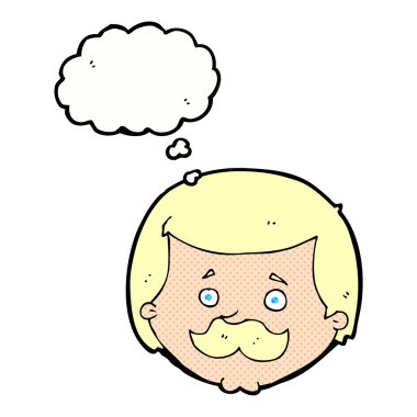 Düşünce baloncuklu bıyıklı çizgi film adamı.