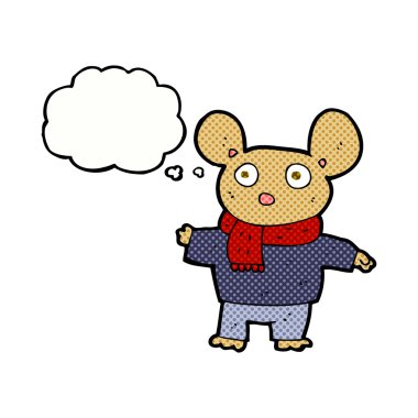 Düşünce baloncuklu kıyafet giymiş çizgi film faresi