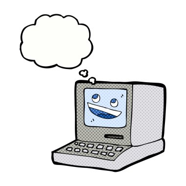 Düşünce baloncuklu eski bilgisayar