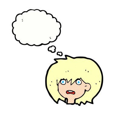 Düşünce baloncuğuyla şok olmuş çizgi film ifadesi