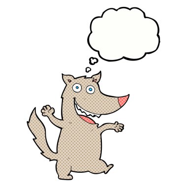 Düşünce baloncuğu olan mutlu bir kurt.