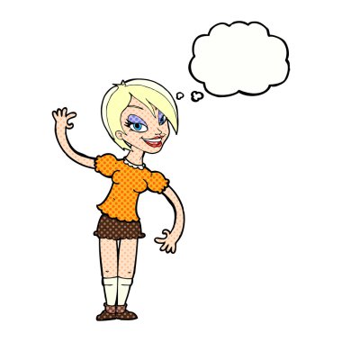 Çizgi film kızı düşünce balonuyla el sallıyor.