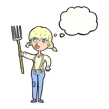 Düşünce baloncuklu çiftçi kız.