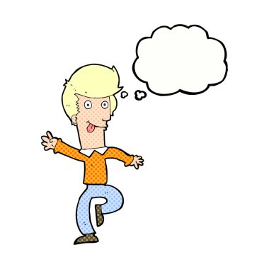 Düşünce baloncuğuyla dans eden çizgi film adamı.