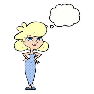 Düşünce baloncuklu kalçaları olan çizgi film kızı.