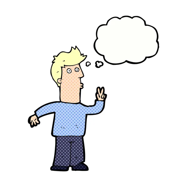 Uomo dei cartoni animati segnalazione con mano con bolla di pensiero — Vettoriale Stock