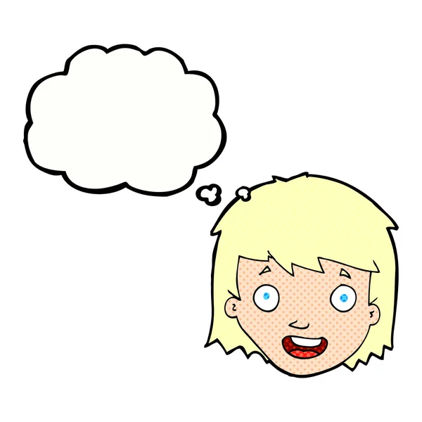Karikatur glückliches weibliches Gesicht mit Gedankenblase — Stockvektor