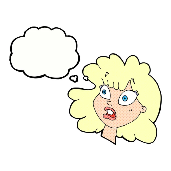Karikatur schockiert weibliches Gesicht mit Gedankenblase — Stockvektor