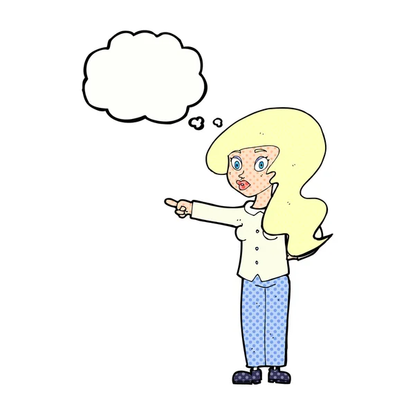 卡通漂亮女人用思想泡泡指点 — 图库矢量图片