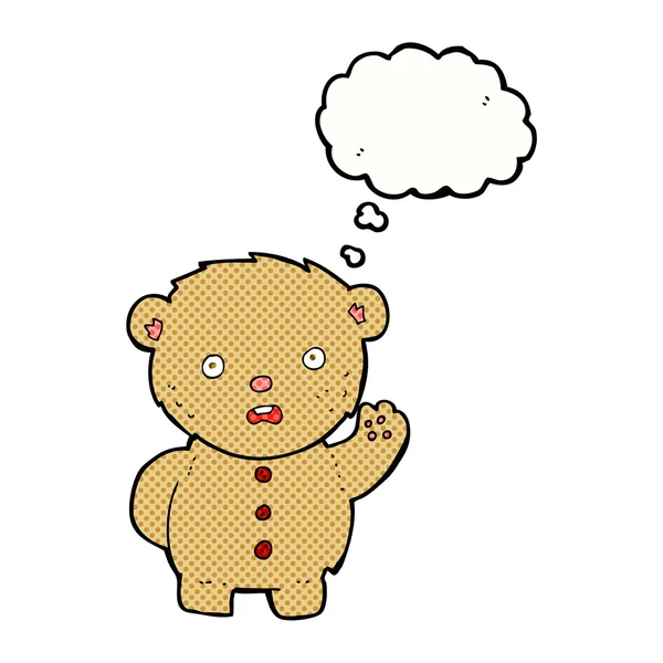 Dibujos animados oso de peluche infeliz con burbuja de pensamiento — Vector de stock