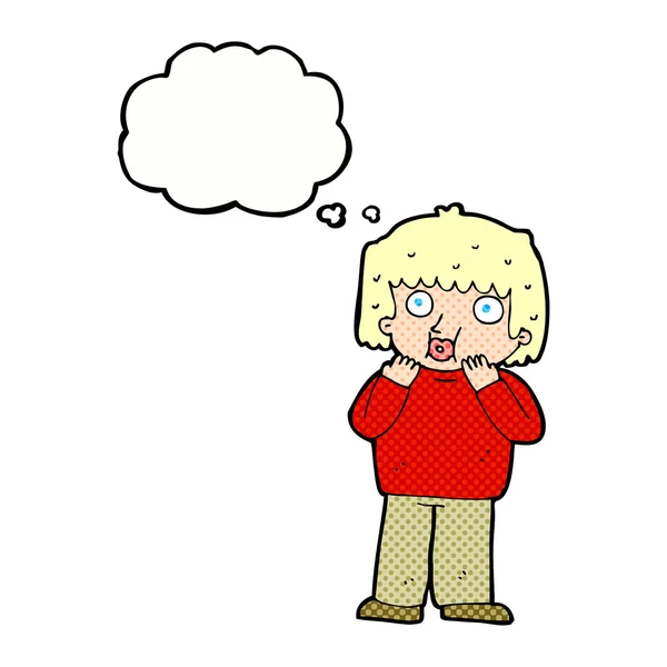 Dibujos animados niño preocupado con burbuja de pensamiento — Vector de stock