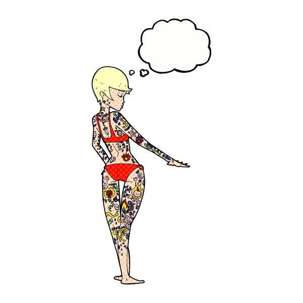 Desenho animado biquíni menina coberta de tatuagens com bolha de pensamento — Vetor de Stock