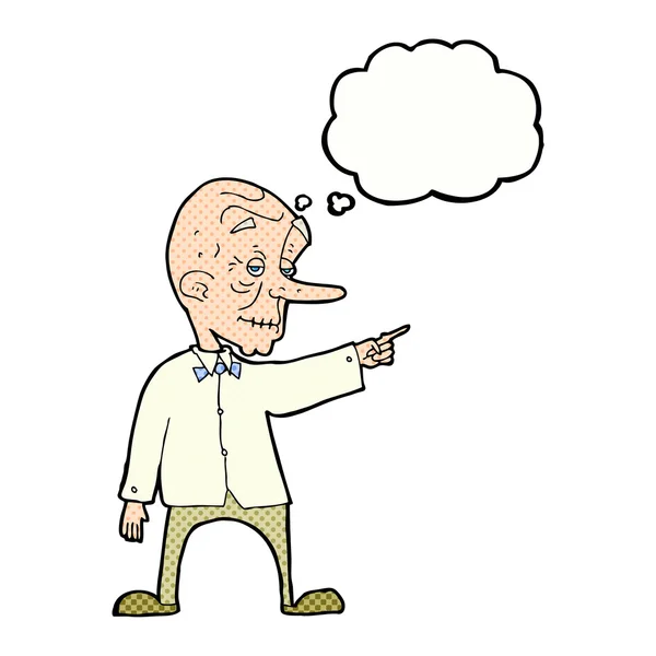 Hombre viejo de dibujos animados apuntando con burbuja de pensamiento — Archivo Imágenes Vectoriales