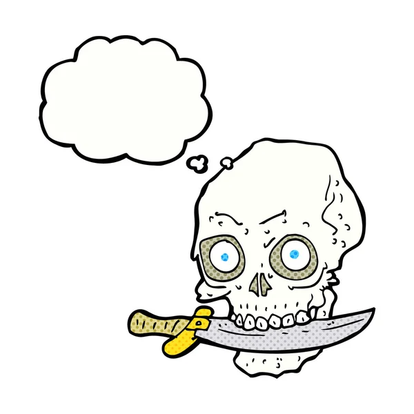 Calavera pirata de dibujos animados con cuchillo en los dientes con burbuja de pensamiento — Archivo Imágenes Vectoriales