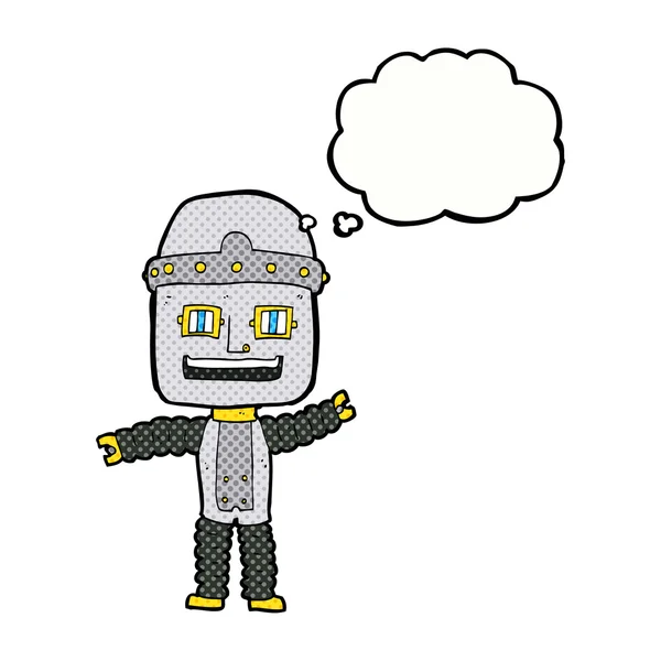 Robot de dibujos animados ondeando con burbuja de pensamiento — Archivo Imágenes Vectoriales