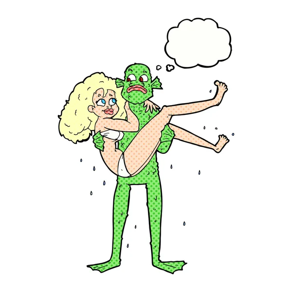 Cartoon swamp monster carrying woman — Stock Vector