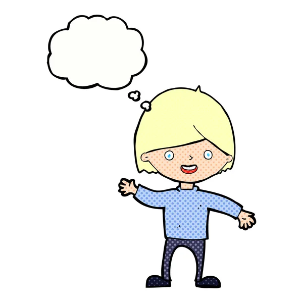 Kreslený mávající chlapec s myšlenkovou bublinou — Stockový vektor