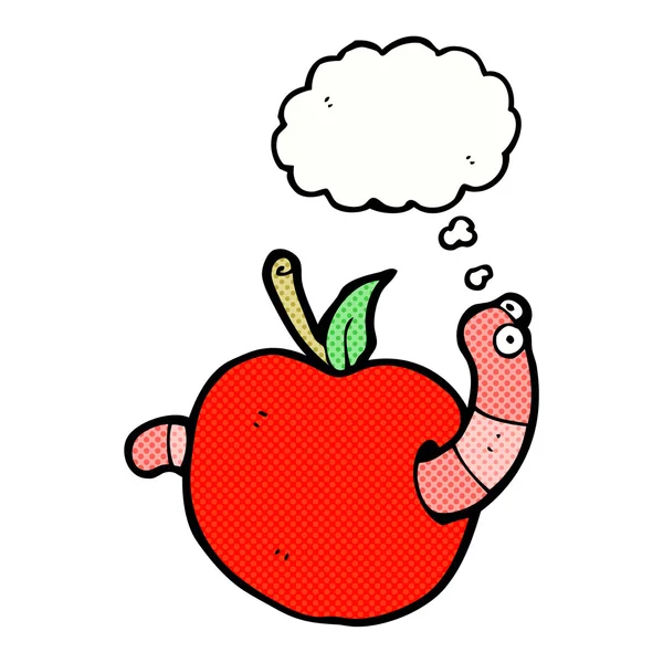 Gusano de dibujos animados en manzana con burbuja de pensamiento — Vector de stock