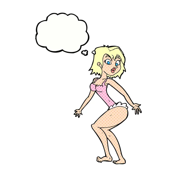Cartoon vrouw in lingerie met gedachte bubble — Stockvector