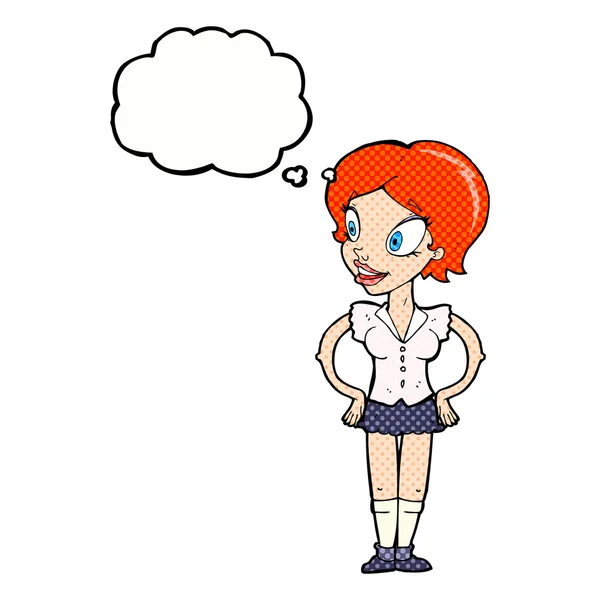 Cartoon happy woman in short skirt with thought bubble — Stock Vector