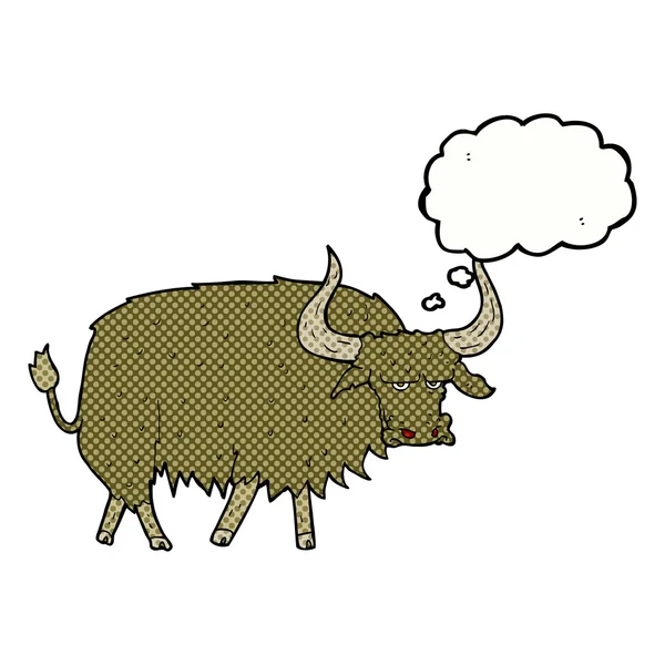 Dessin animé agacé vache poilue avec bulle de pensée — Image vectorielle
