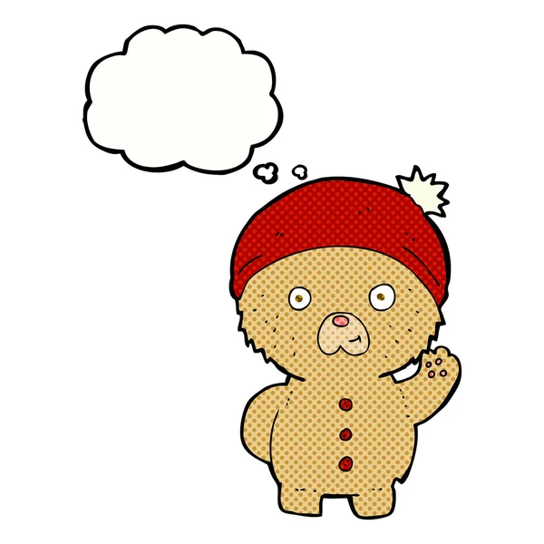 Cartoon waving teddy bear in winter hat with thought bubble — Stock Vector