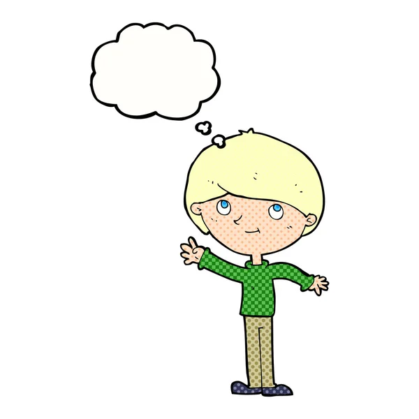 Desenho animado menino feliz com bolha de pensamento — Vetor de Stock