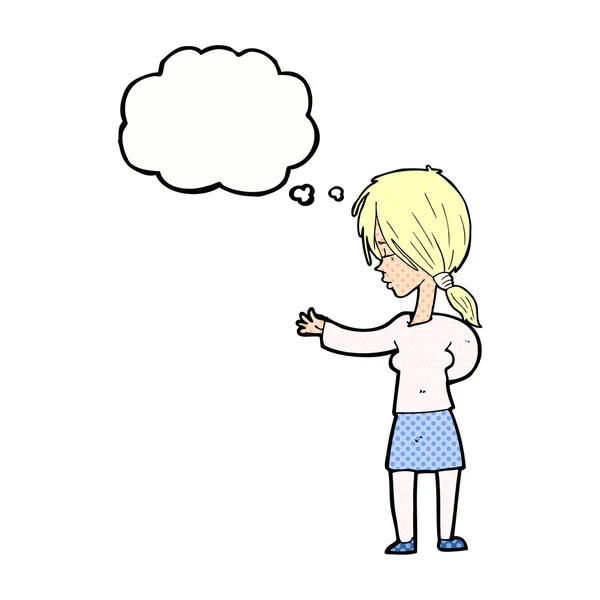 Cartoon mulher gesticulando com bolha de pensamento —  Vetores de Stock