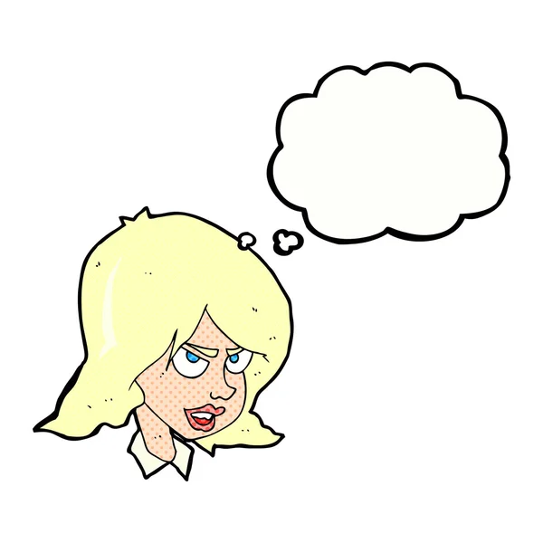 Cartoon irritado mulher com bolha pensamento — Vetor de Stock